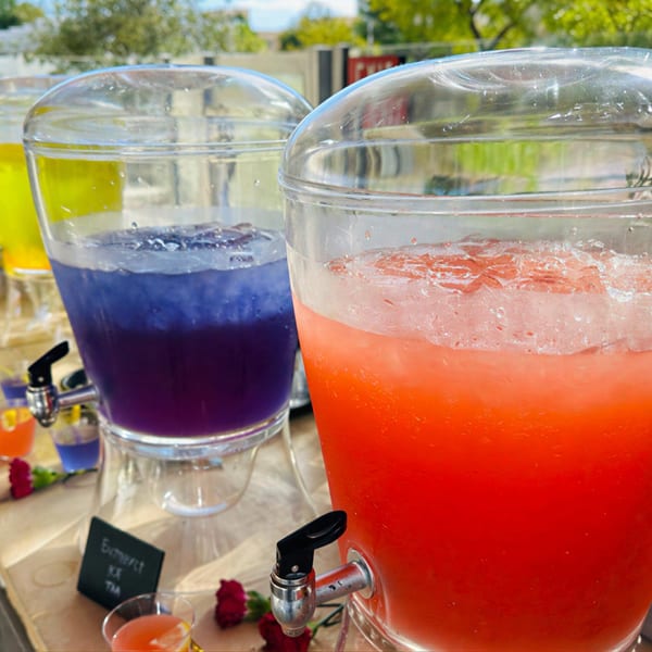 Two large beverage dispensers filled with vibrant red and purple drinks, with small roses nearby.