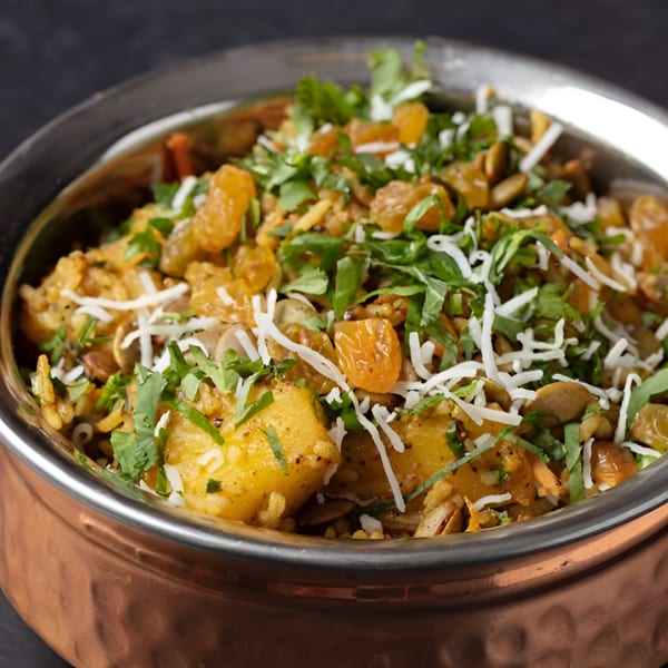 Close-up of Rangeen Kitchen's Indian dish with potatoes, raisins, cilantro, and shredded cheese in a copper bowl.