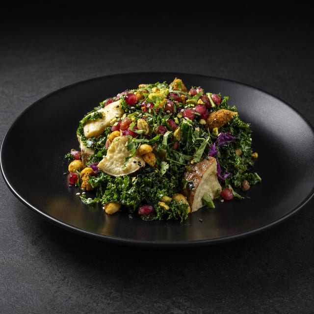 Marinated Chili Kale Salad (V, G, D).