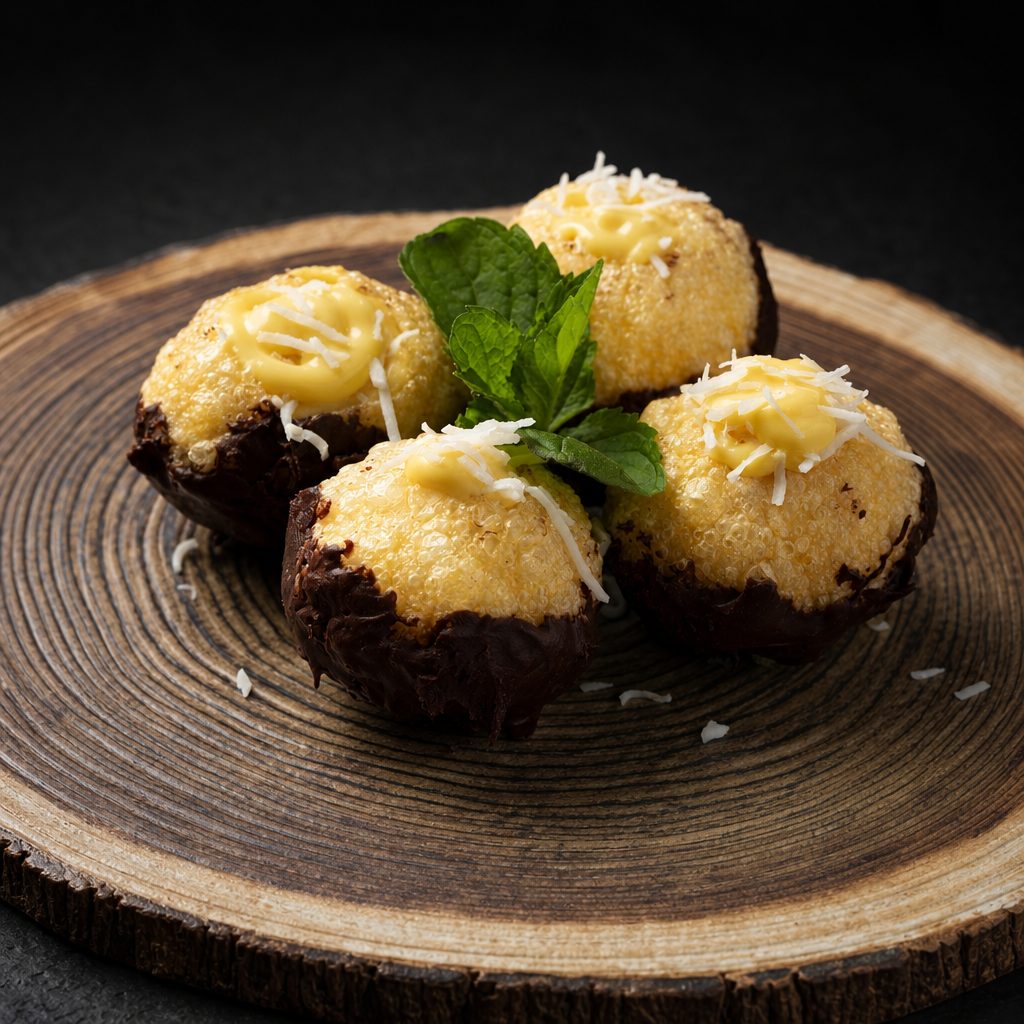 Chocolate Puffs with Mango Mousse (N).
