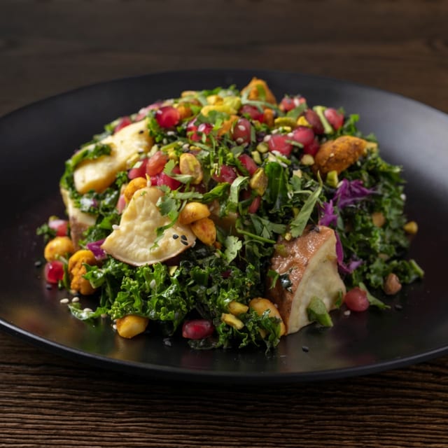 Marinated Chili Kale Salad (V, G, D).